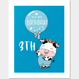 Cute baby cow boy 3th birthday Posters and Art